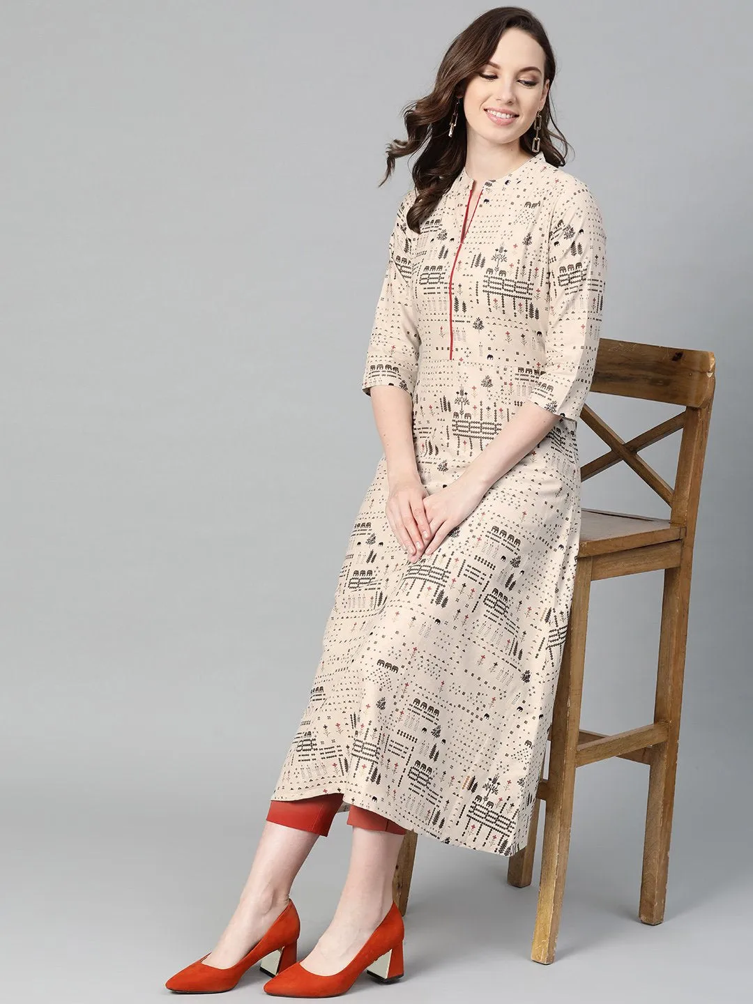Beige And Black Printed A-Line Cotton Kurta