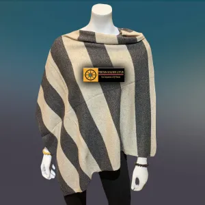 Charcoal and Fossil striped Boat Neck Cashmere Poncho