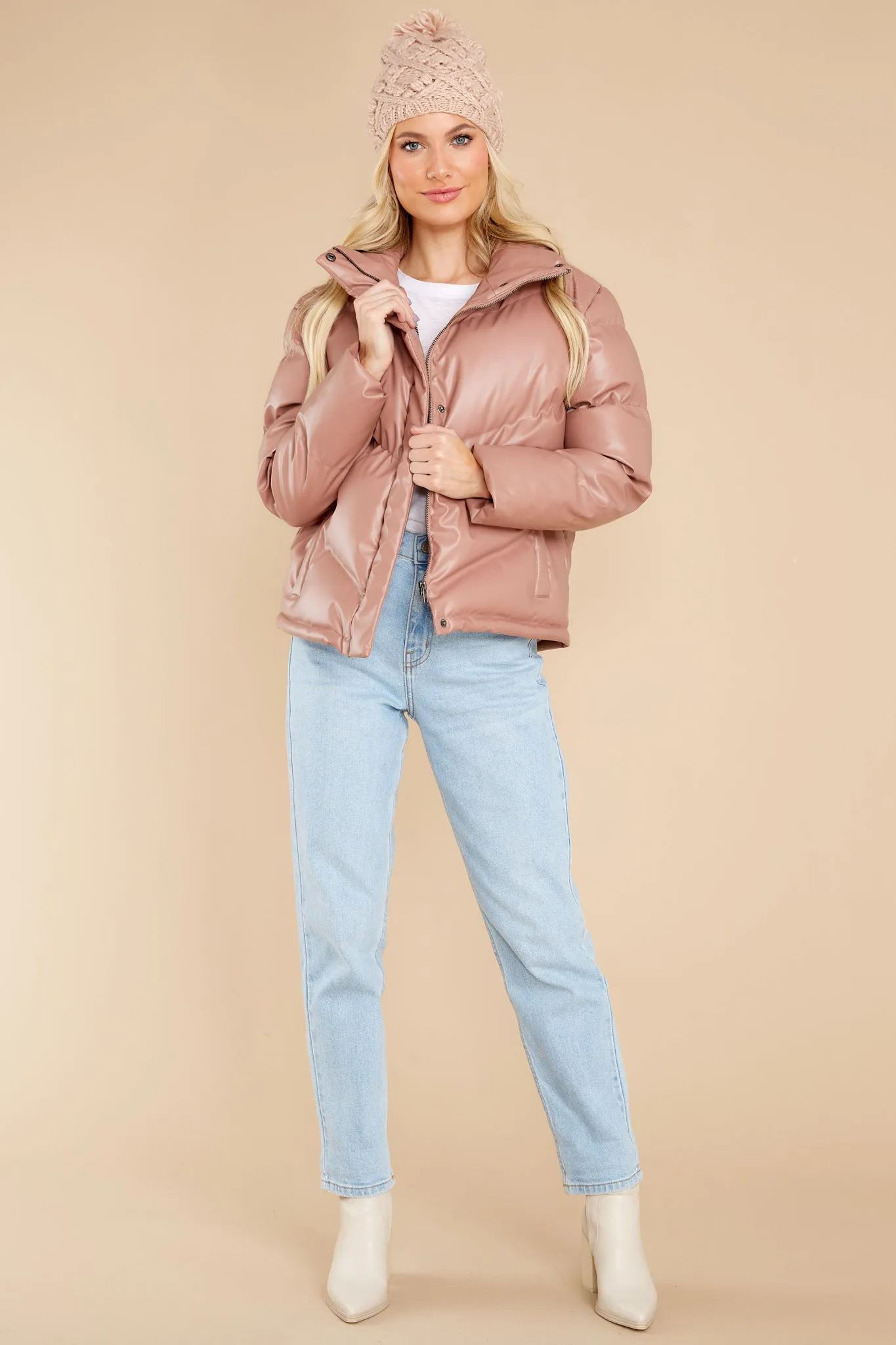 Downtown Rose Taupe Faux Leather Puffer Jacket