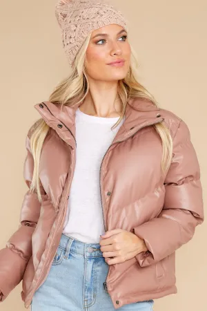 Downtown Rose Taupe Faux Leather Puffer Jacket