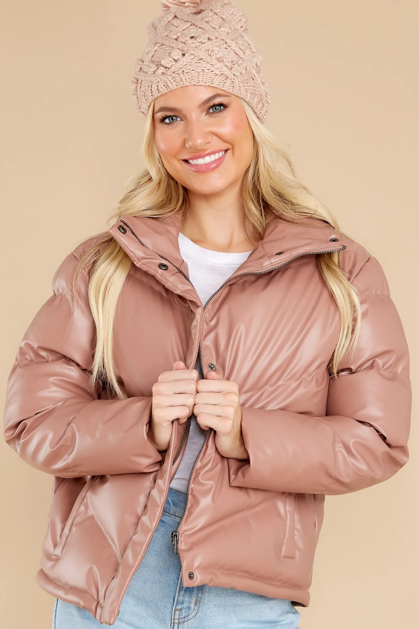 Downtown Rose Taupe Faux Leather Puffer Jacket