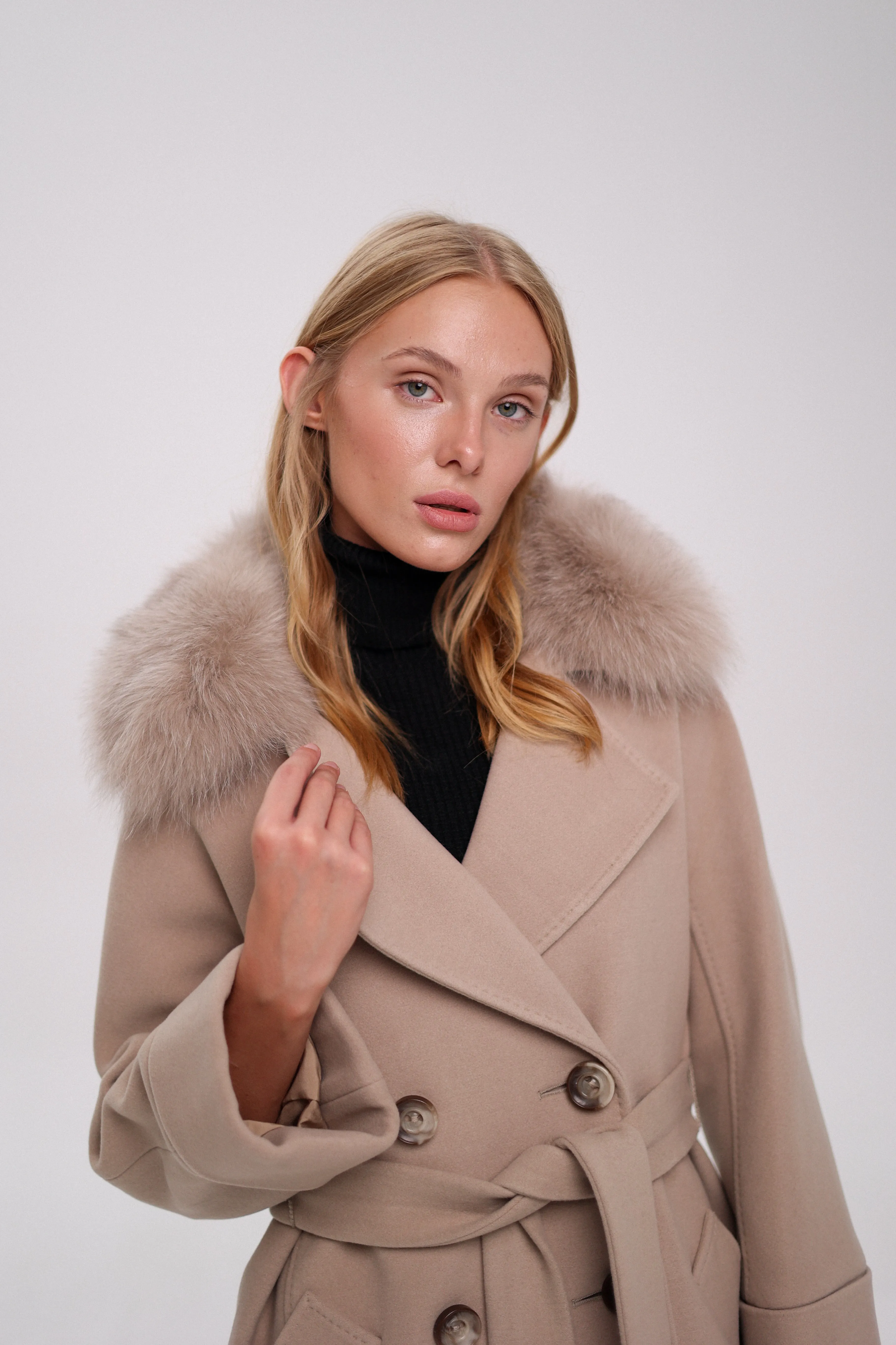 Genuine Polar Fox Tailored Cashmere-Wool Coat