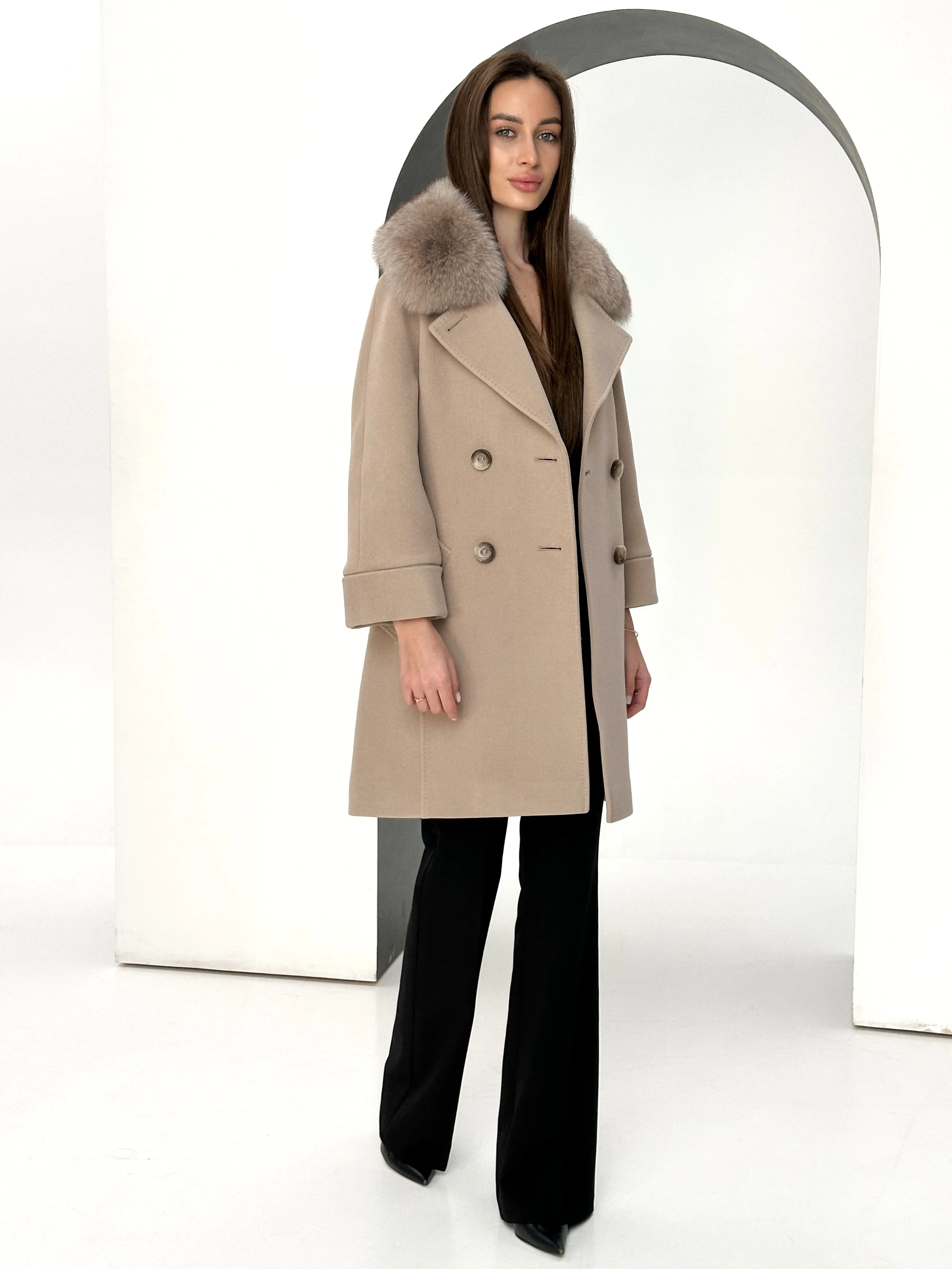 Genuine Polar Fox Tailored Cashmere-Wool Coat