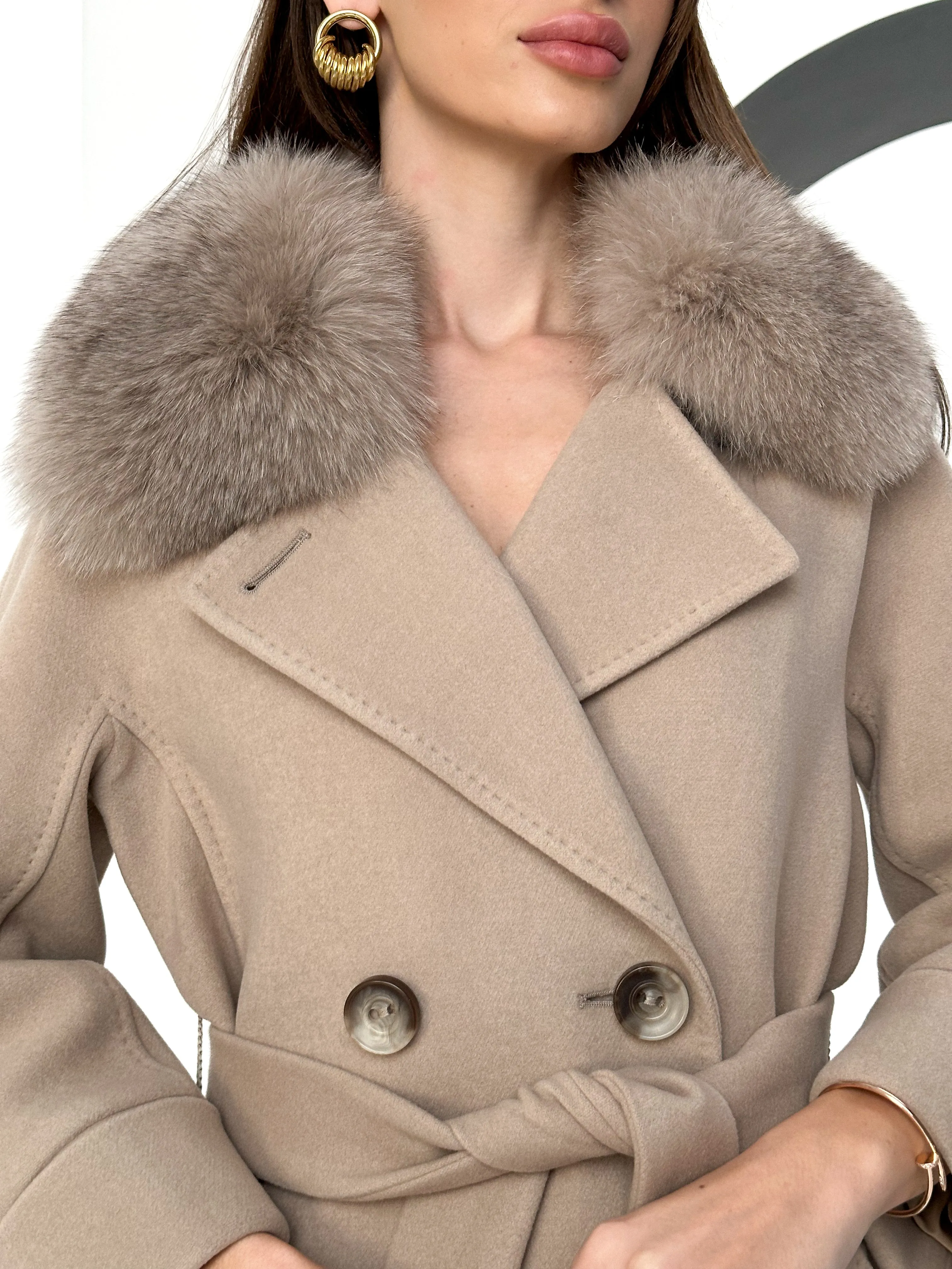 Genuine Polar Fox Tailored Cashmere-Wool Coat