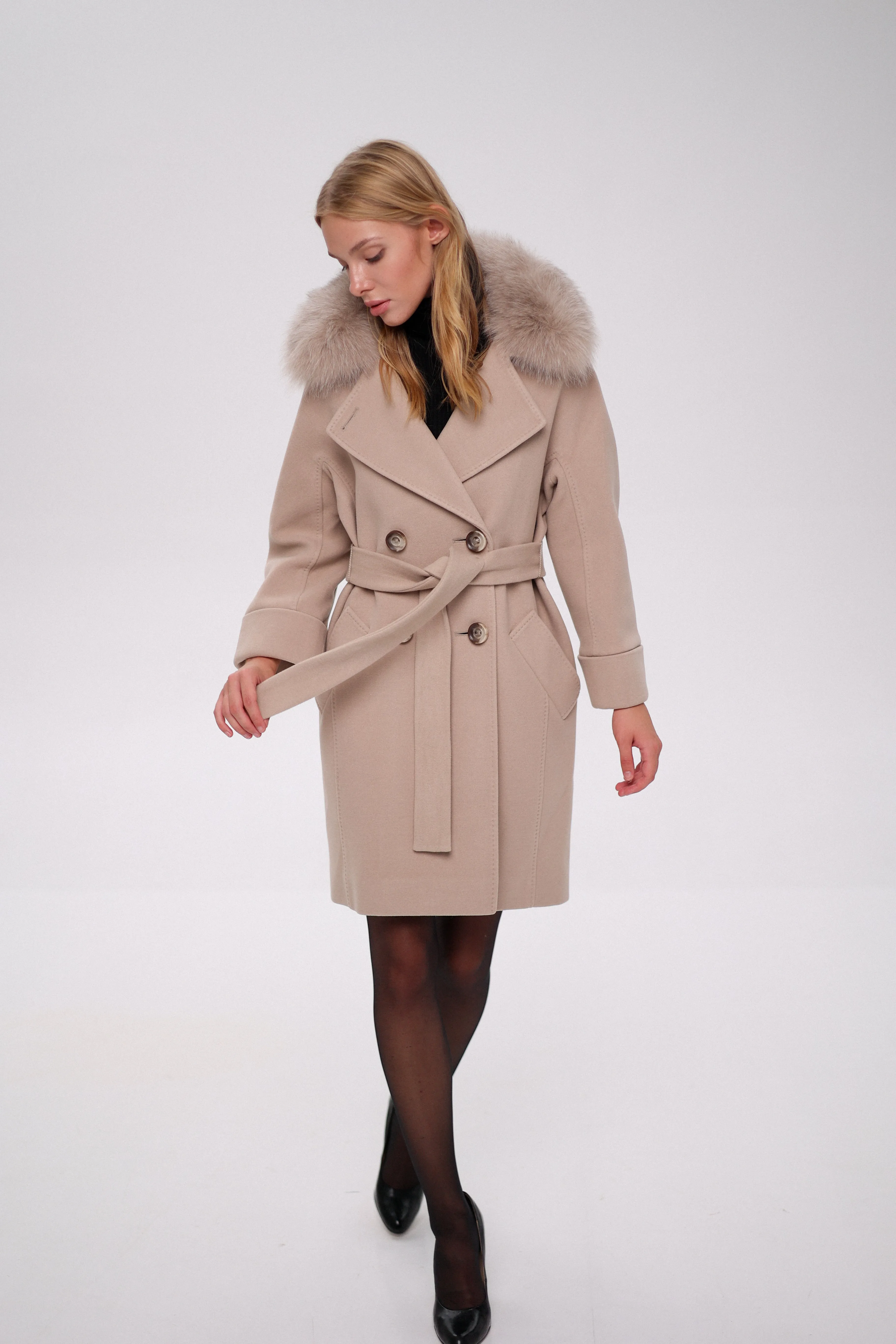 Genuine Polar Fox Tailored Cashmere-Wool Coat