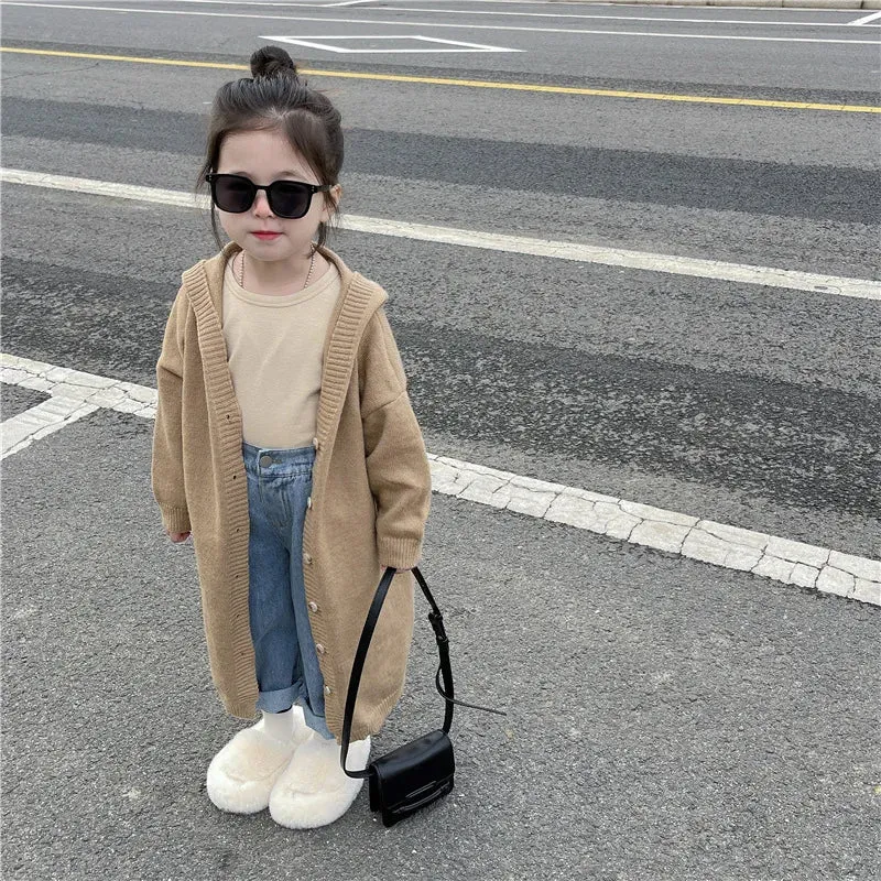 Girls Sweater Coat Children's Hooded Knitted Cardigan Spring Autumn Long Jacket Kids Baby Outerwear 2024 New Casual Clothes