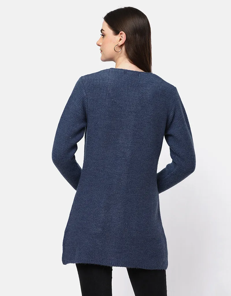 Knitted Round Neck Long Coat With Front Pockets