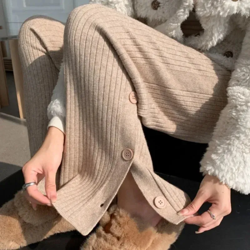 Knitted Winter High Waist Warm Straight Solid Light Blue Wide Leg Pants