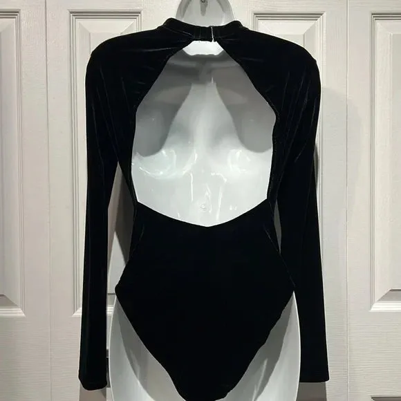 La Senza Black Velour Long Sleeve Open Back Bodysuit Size S NWT