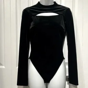 La Senza Black Velour Long Sleeve Open Back Bodysuit Size S NWT