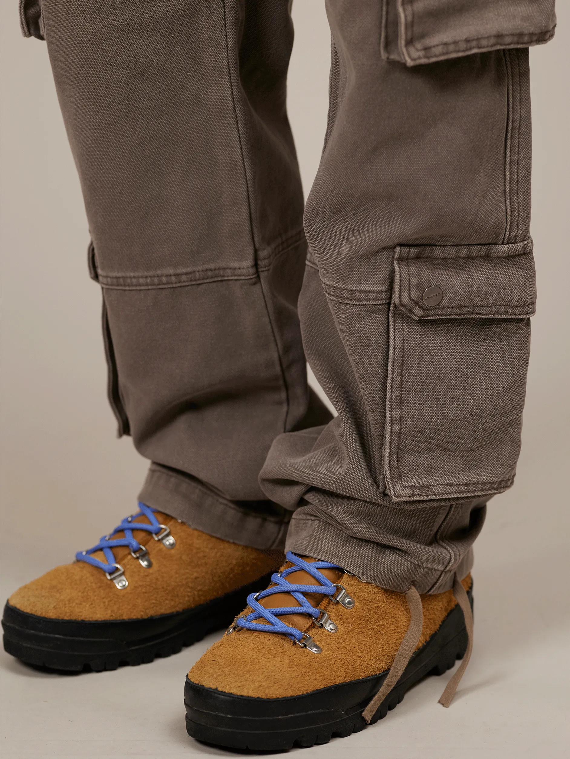 LIGHT BROWN WASHED DOUBLE POCKETS CARGO PANTS