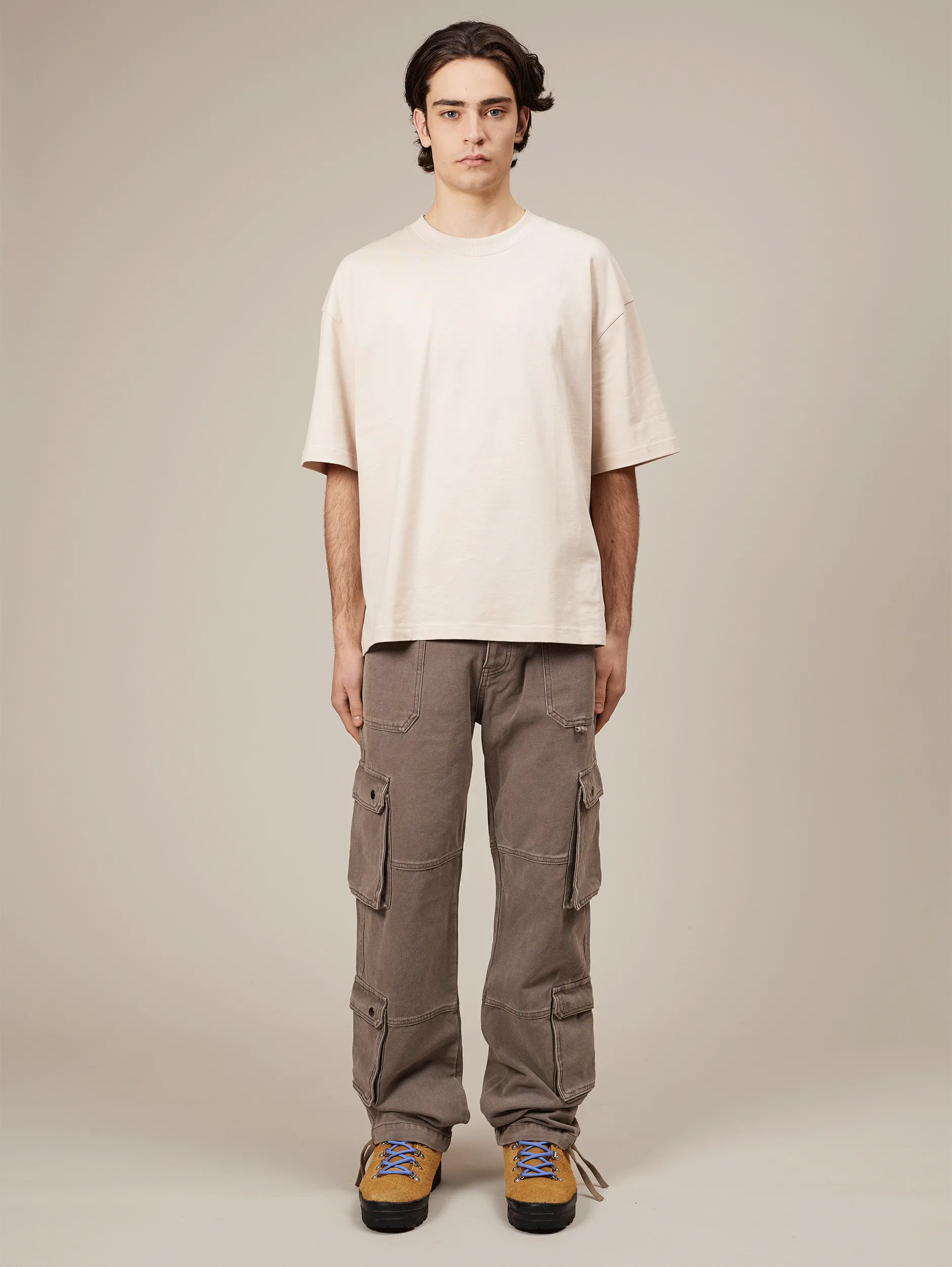 LIGHT BROWN WASHED DOUBLE POCKETS CARGO PANTS