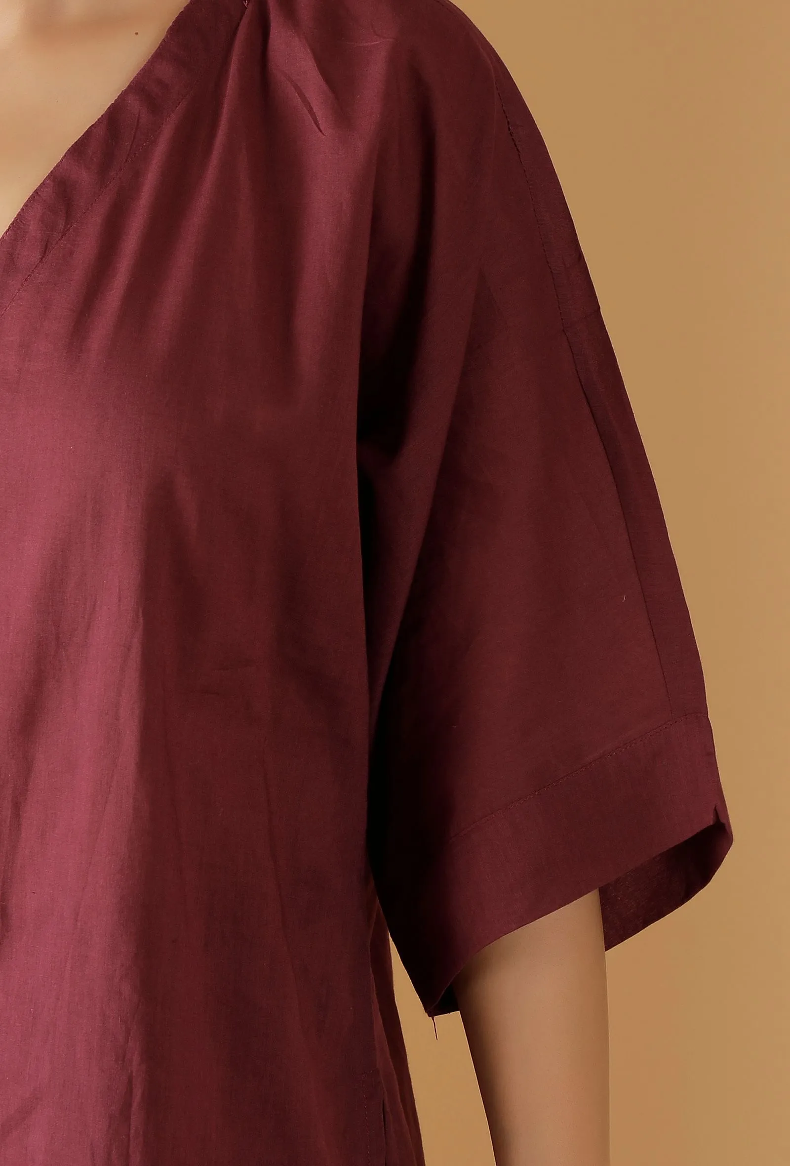 Mulmul Cotton Plum V Neck Button Down Shirt