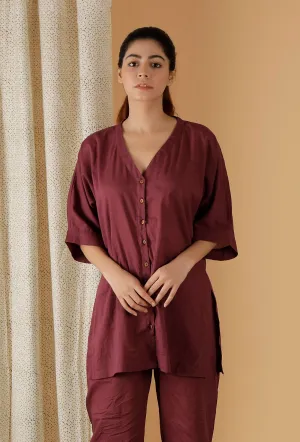 Mulmul Cotton Plum V Neck Button Down Shirt