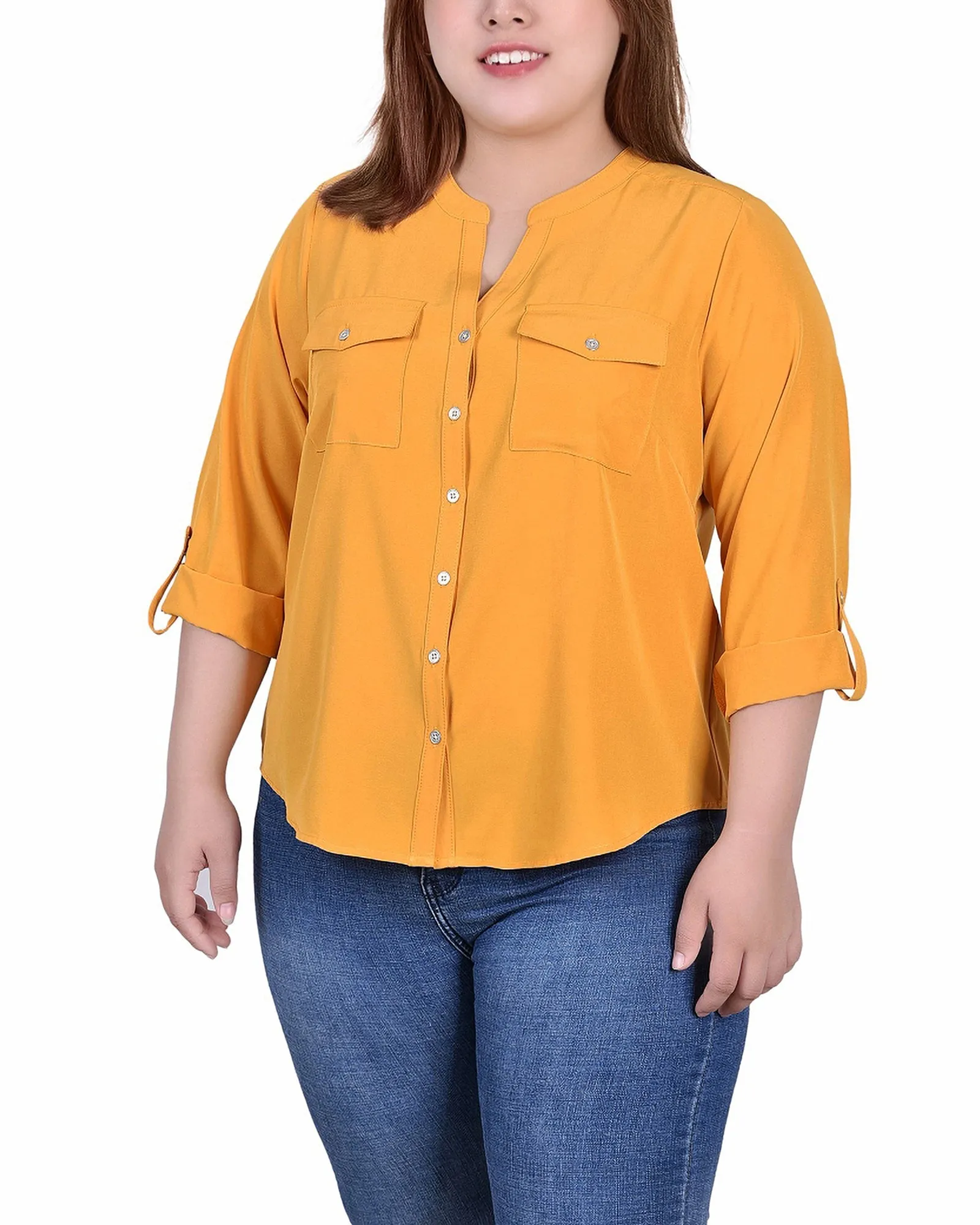Plus Size 3/4 Roll Tab Sleeve Mandarin Collar Blouse