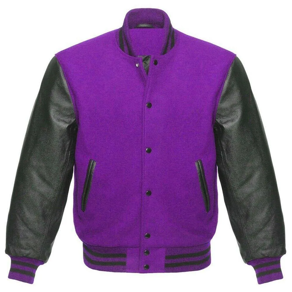 Purple and Black Varsity Letterman Jacket with Customizable Logos