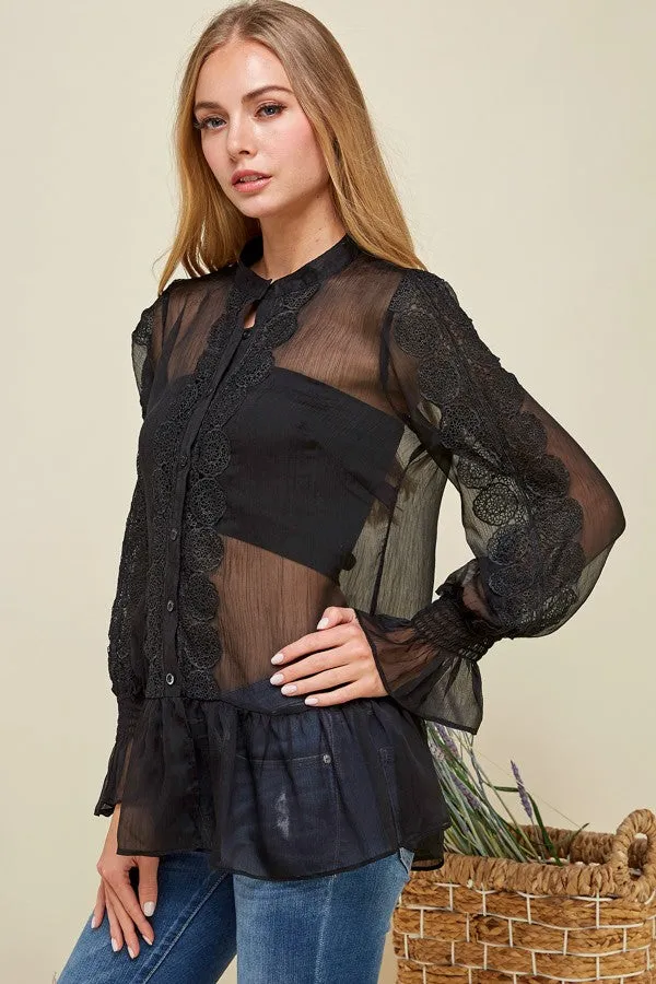 Sheer Chiffon Casual Blouse Button Down Top