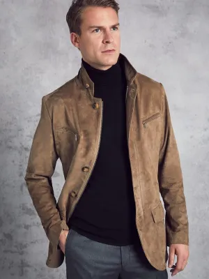 Taupe Brown Suede Leather Jacket with Stand-Up Collar for Men