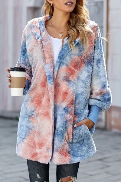 Tie-Dye Plush Hooded Jacket with Pockets