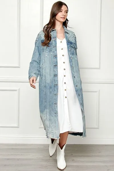 Veveret Full Size Distressed Raw Hem Pearl Detail Button Up Jacket