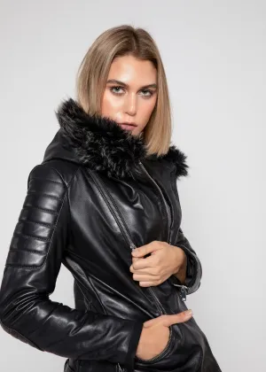 Women's Poseidon Leather Jacket with Fur Hoodie