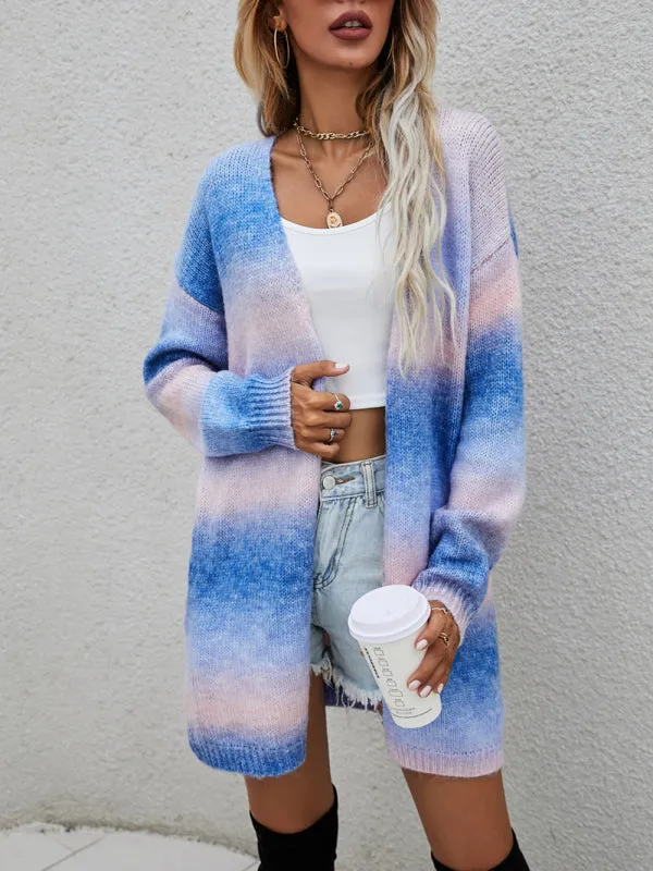 Women's Sweater Rainbow Tie-Dye Mid-Length Oversized Cardigan Pocket Knit Jacket
